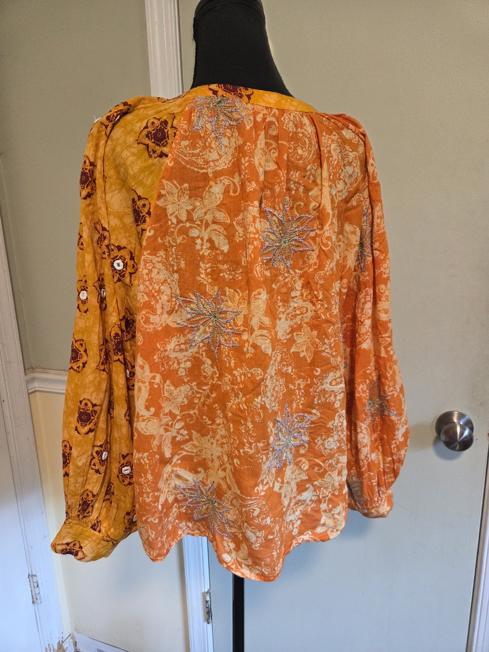 Zara Orange and Golden-Yellow Patchwork Button-Front Blouse - Picture 5 of 6